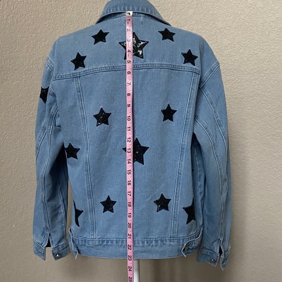 Nasty Gal Blue Denim Jacket with Black Sequin Stars. US Size 6 - Picture 9 of 17